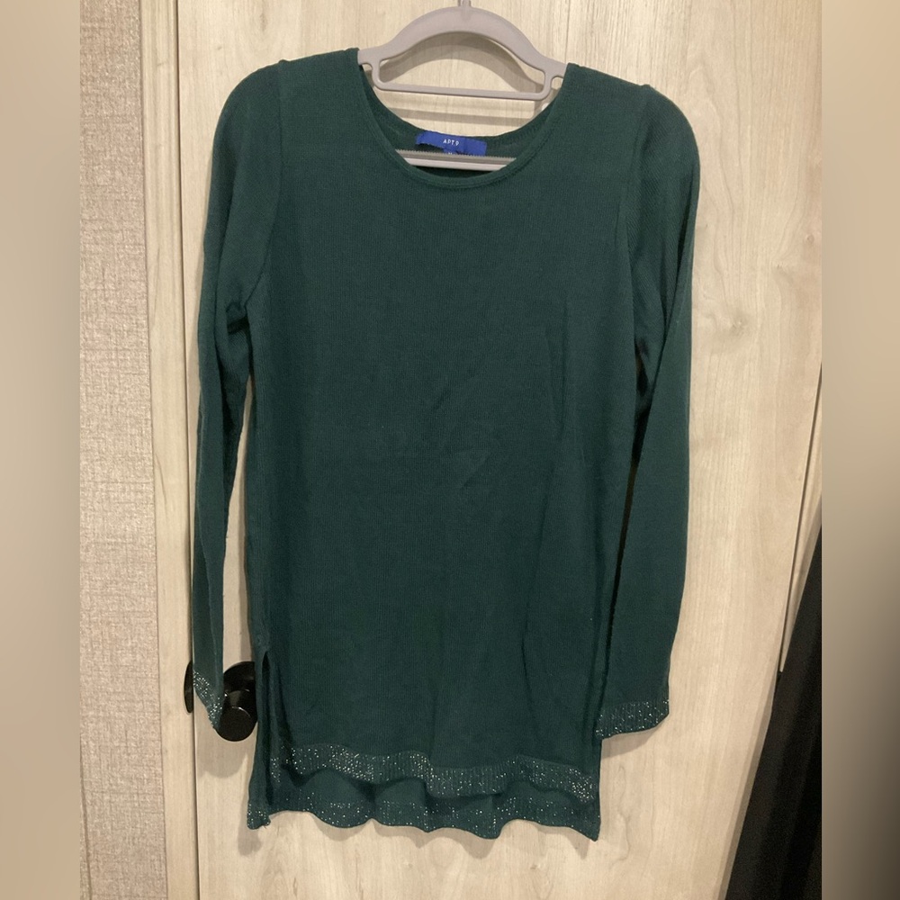 Apt. 9 Womens Green Lt. Weight Long Sleeve Sweater W/ Silver Speckle Trim Size M